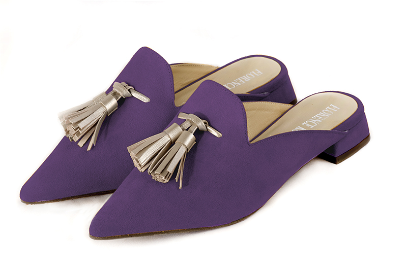 Amethyst purple and gold women's loafer mules. Pointed toe. Flat flare heels. Front view - Florence KOOIJMAN